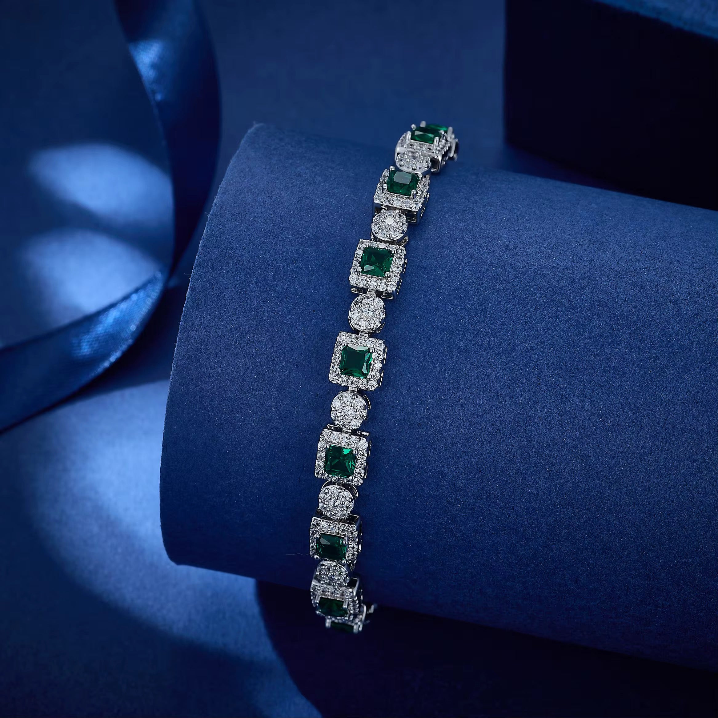 Emerald & Cubic Zirconia Tennis Bracelet - Platinum Plated