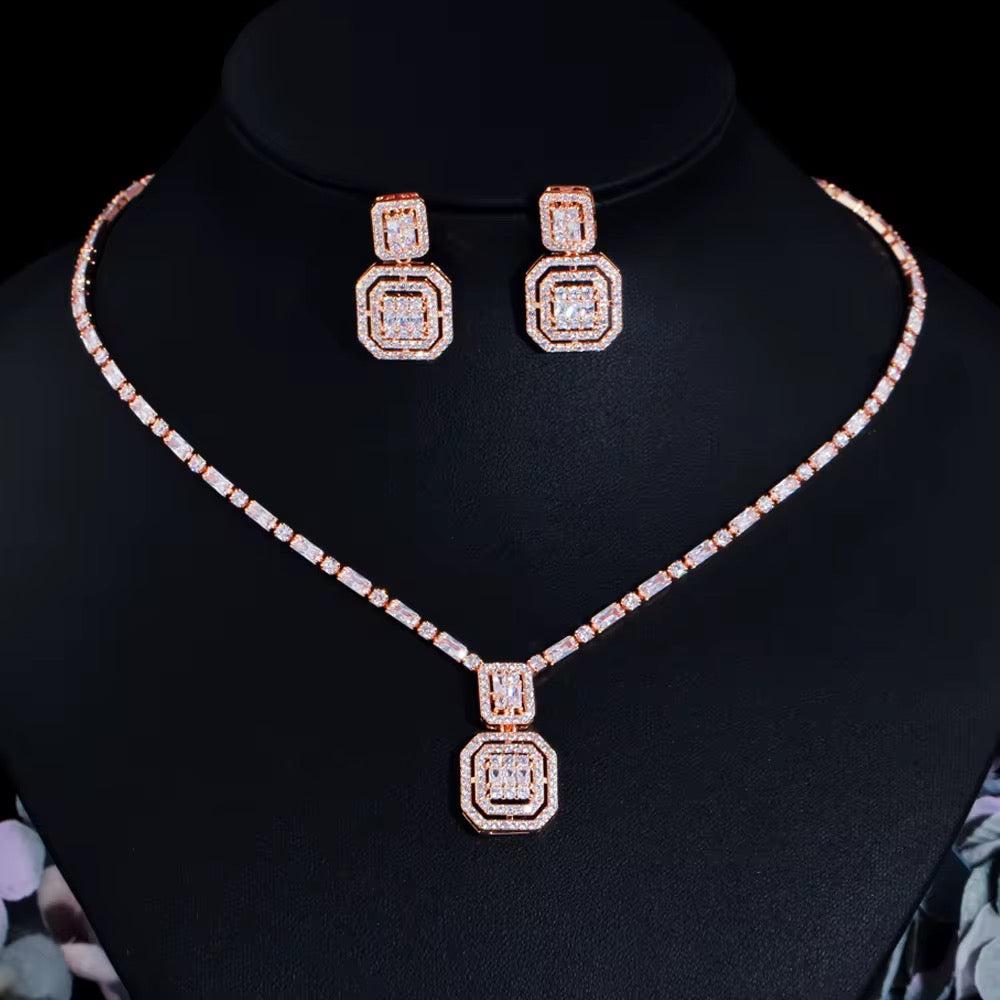 Cubic Zirconia Jewelry Set - Double Halo Necklace & Earrings