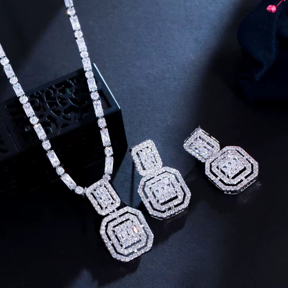Cubic Zirconia Jewelry Set - Double Halo Necklace & Earrings