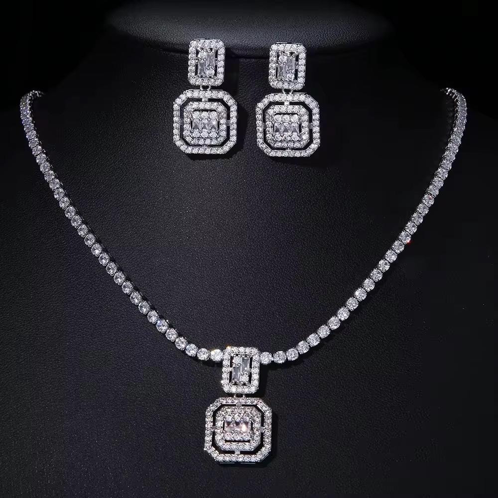 Cubic Zirconia Jewelry Set - Double Halo Necklace & Earrings