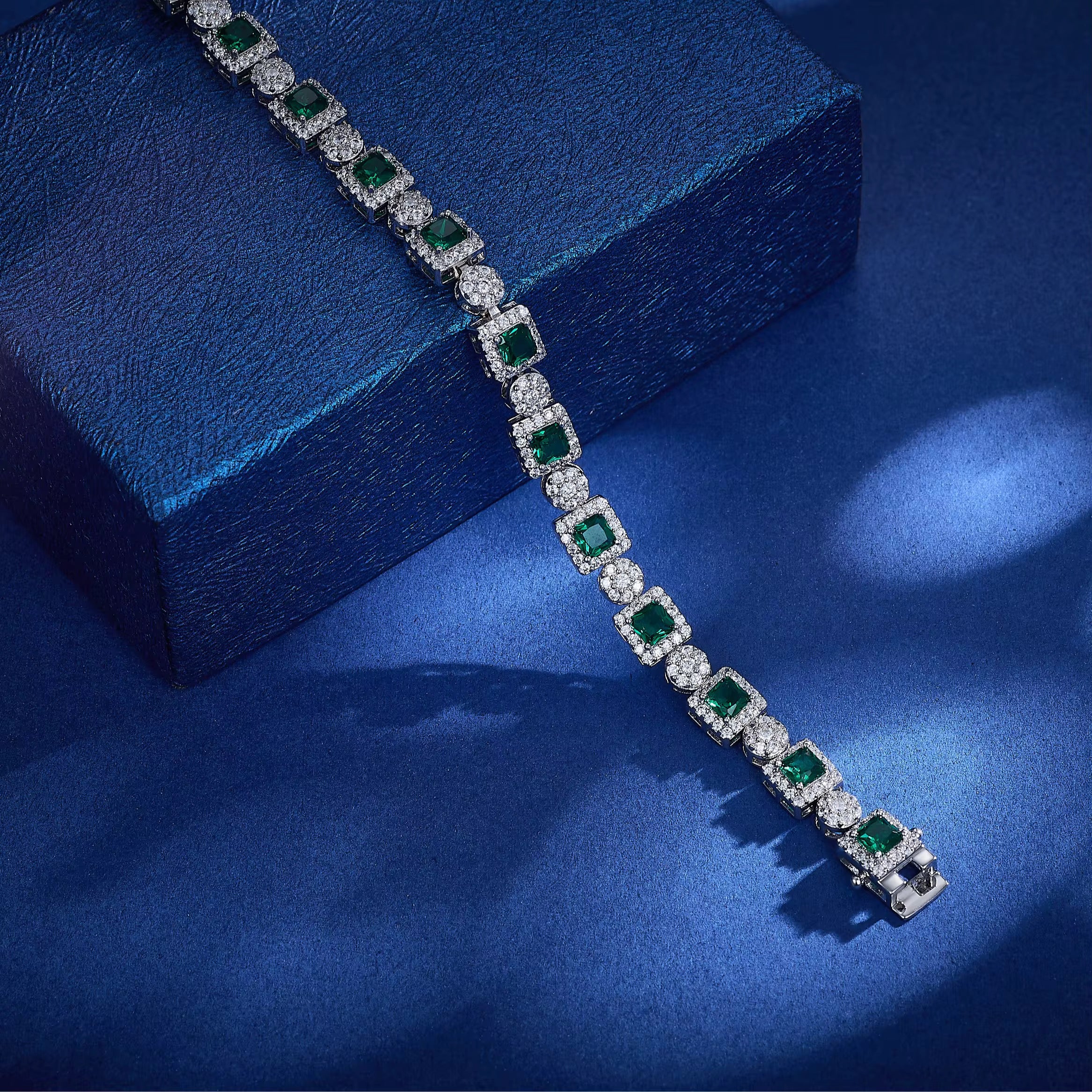 Emerald & Cubic Zirconia Tennis Bracelet - Platinum Plated