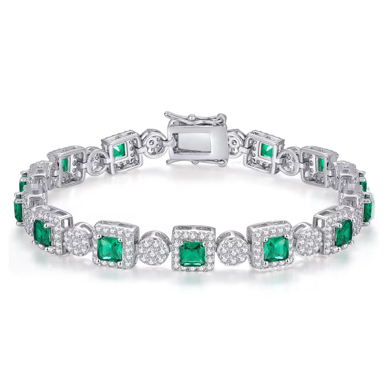 Emerald & Cubic Zirconia Tennis Bracelet - Platinum Plated